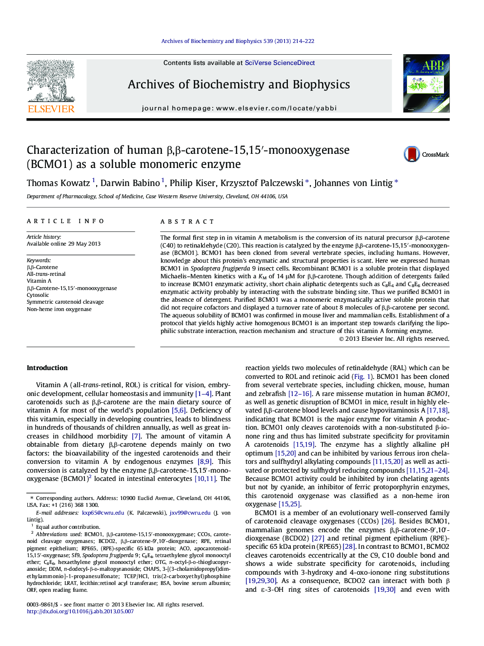 Characterization of human β,β-carotene-15,15′-monooxygenase (BCMO1) as a soluble monomeric enzyme