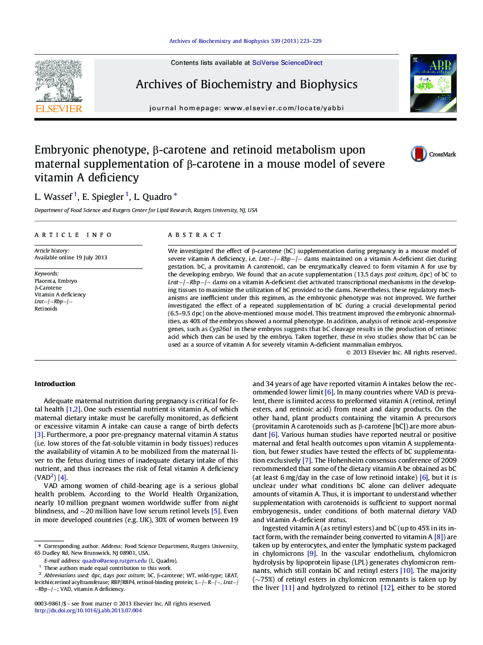 Embryonic phenotype, β-carotene and retinoid metabolism upon maternal supplementation of β-carotene in a mouse model of severe vitamin A deficiency