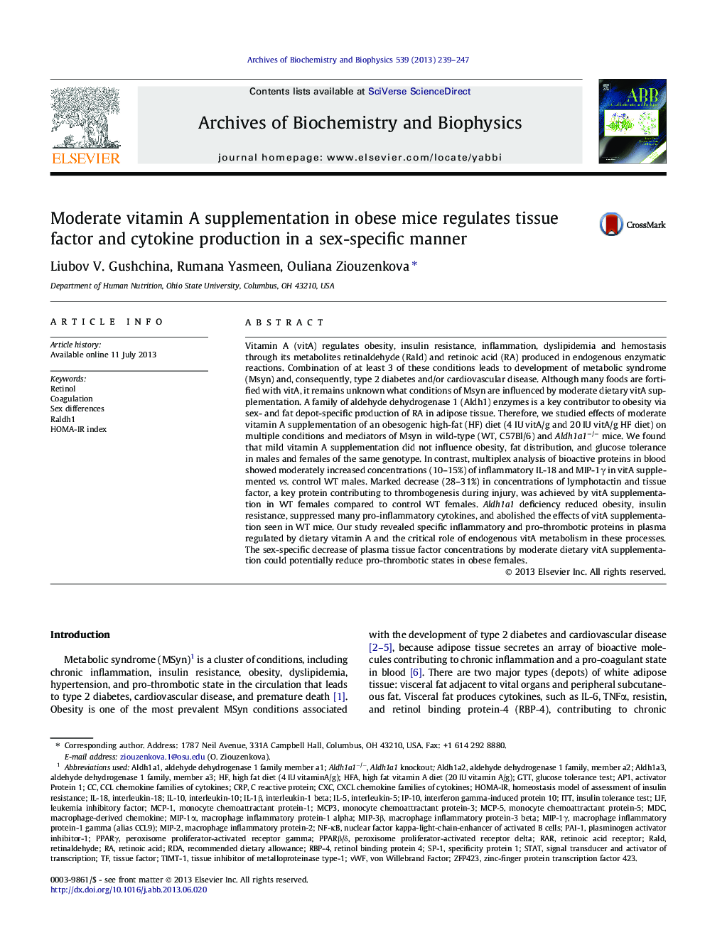 Moderate vitamin A supplementation in obese mice regulates tissue factor and cytokine production in a sex-specific manner