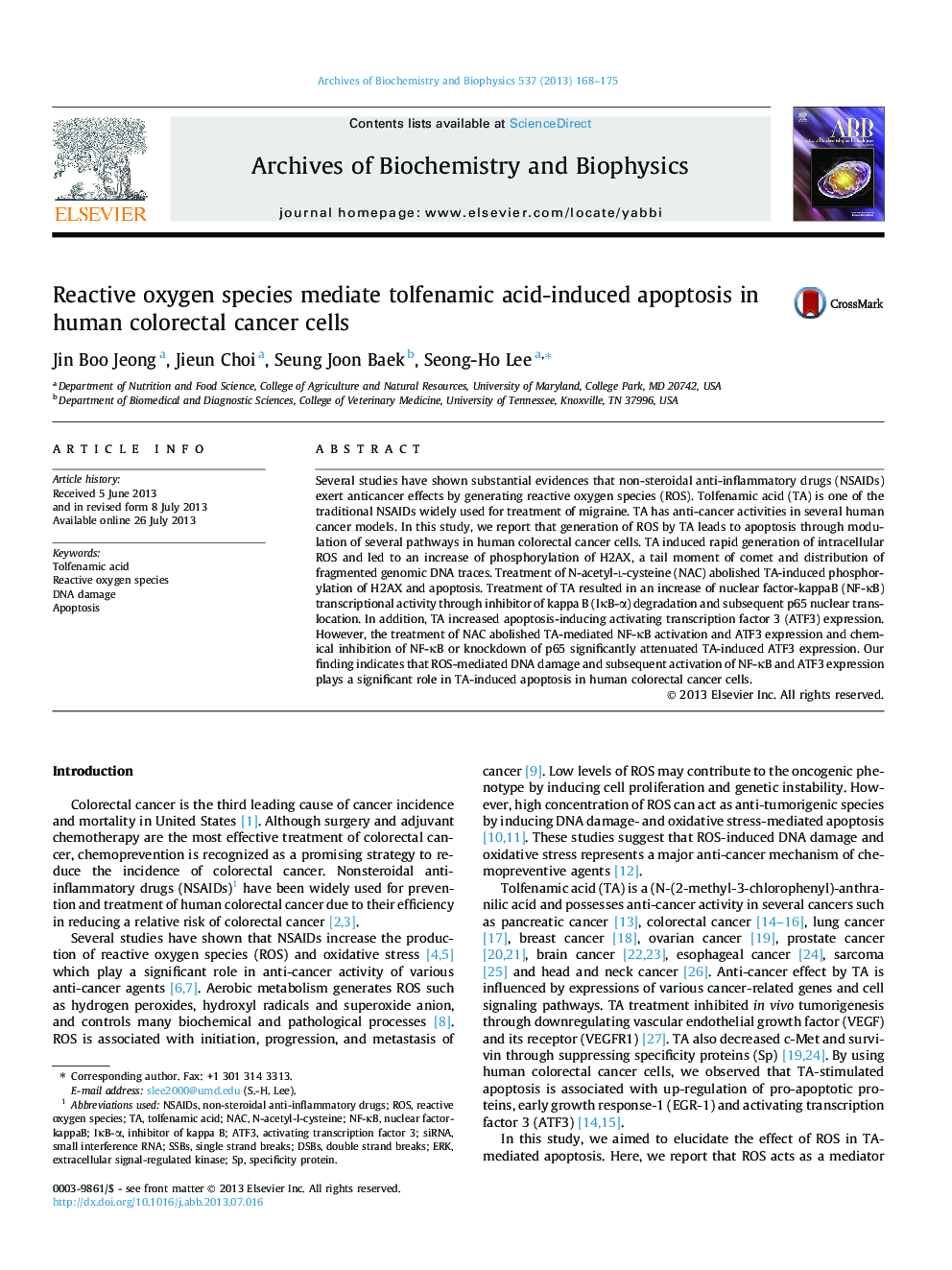 Reactive oxygen species mediate tolfenamic acid-induced apoptosis in human colorectal cancer cells