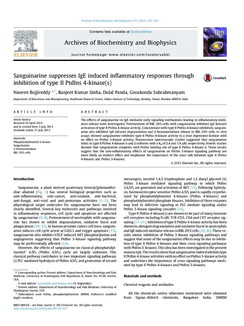 Sanguinarine suppresses IgE induced inflammatory responses through inhibition of type II PtdIns 4-kinase(s)