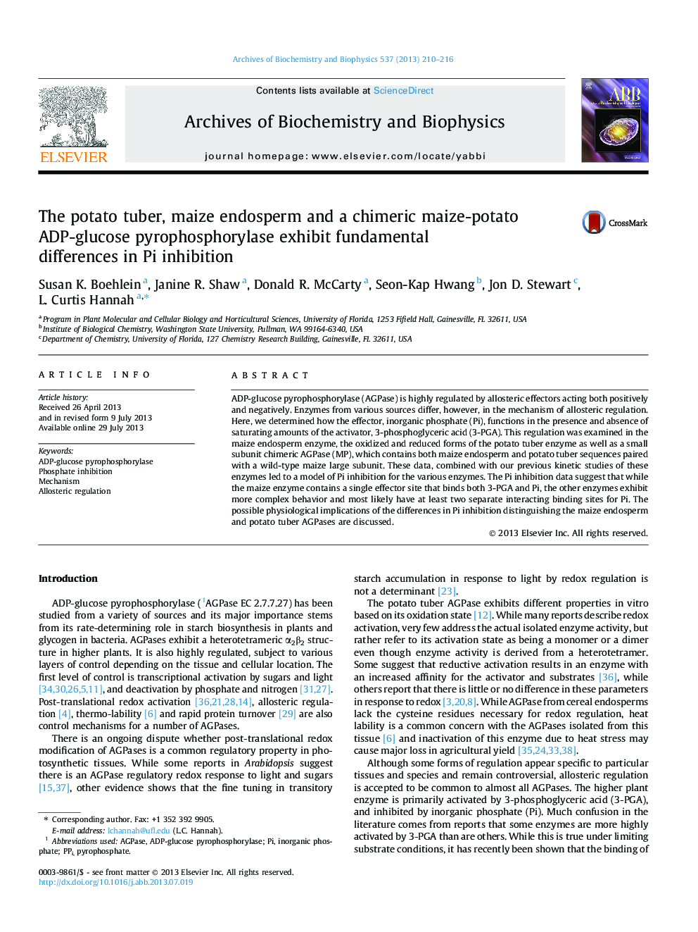 The potato tuber, maize endosperm and a chimeric maize-potato ADP-glucose pyrophosphorylase exhibit fundamental differences in Pi inhibition