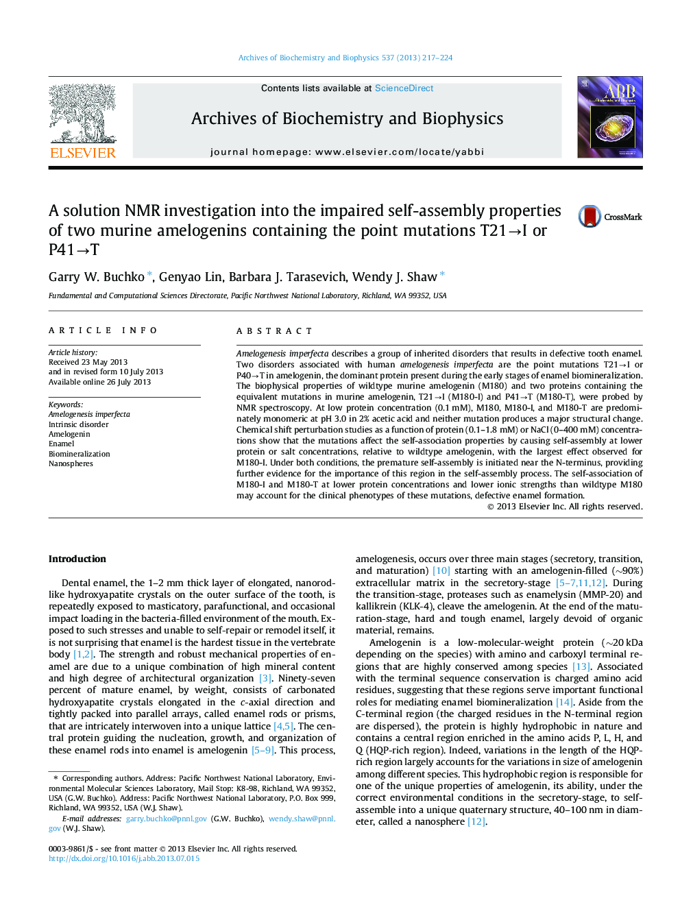 A solution NMR investigation into the impaired self-assembly properties of two murine amelogenins containing the point mutations T21→I or P41→T