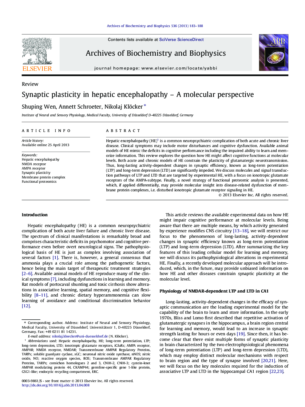 Synaptic plasticity in hepatic encephalopathy – A molecular perspective