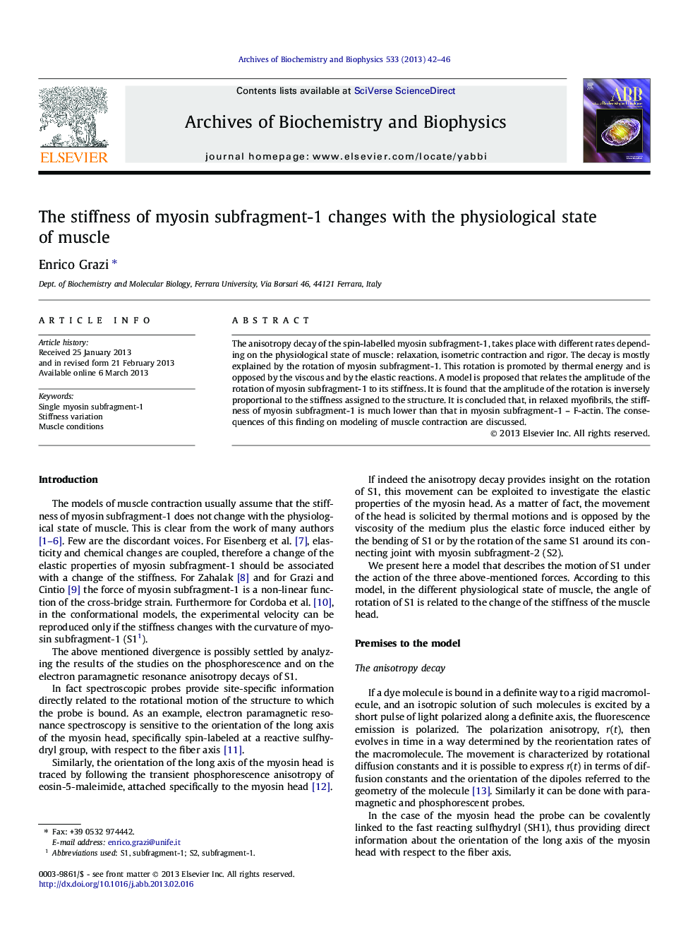 عکس صفحه اول مقاله: The stiffness of myosin subfragment-1 changes with the physiological state of muscle The stiffness of myosin subfragment-1 changes with the physiological state of muscle
