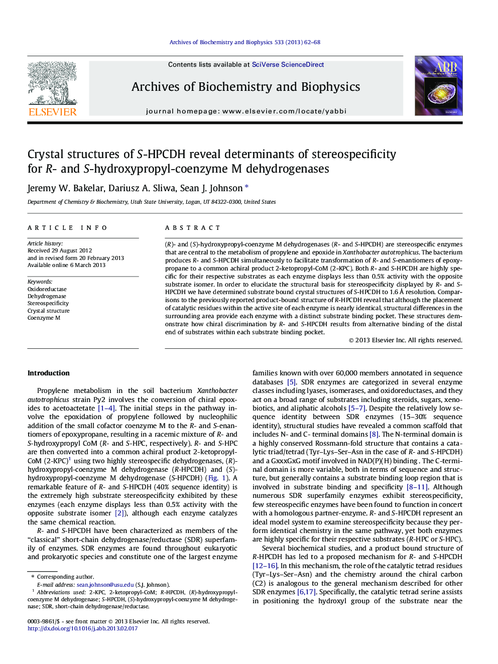 Crystal structures of S-HPCDH reveal determinants of stereospecificity for R- and S-hydroxypropyl-coenzyme M dehydrogenases