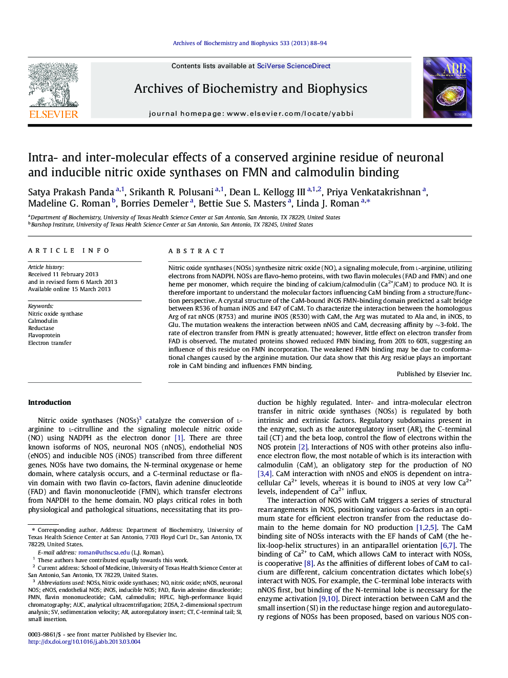 Intra- and inter-molecular effects of a conserved arginine residue of neuronal and inducible nitric oxide synthases on FMN and calmodulin binding