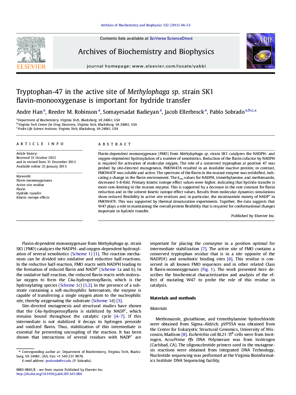 Tryptophan-47 in the active site of Methylophaga sp. strain SK1 flavin-monooxygenase is important for hydride transfer