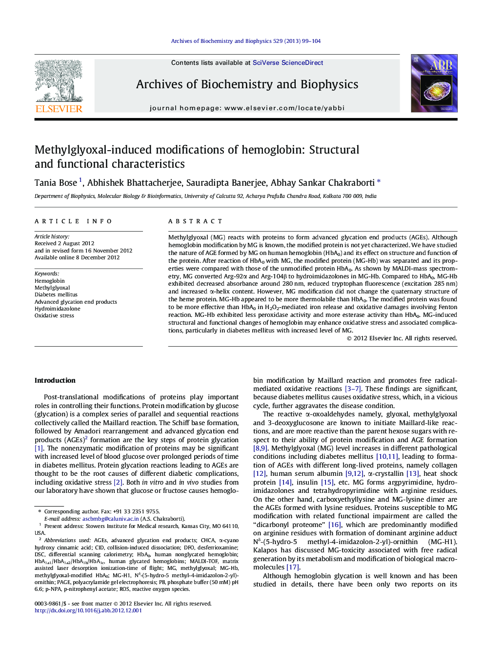 Methylglyoxal-induced modifications of hemoglobin: Structural and functional characteristics