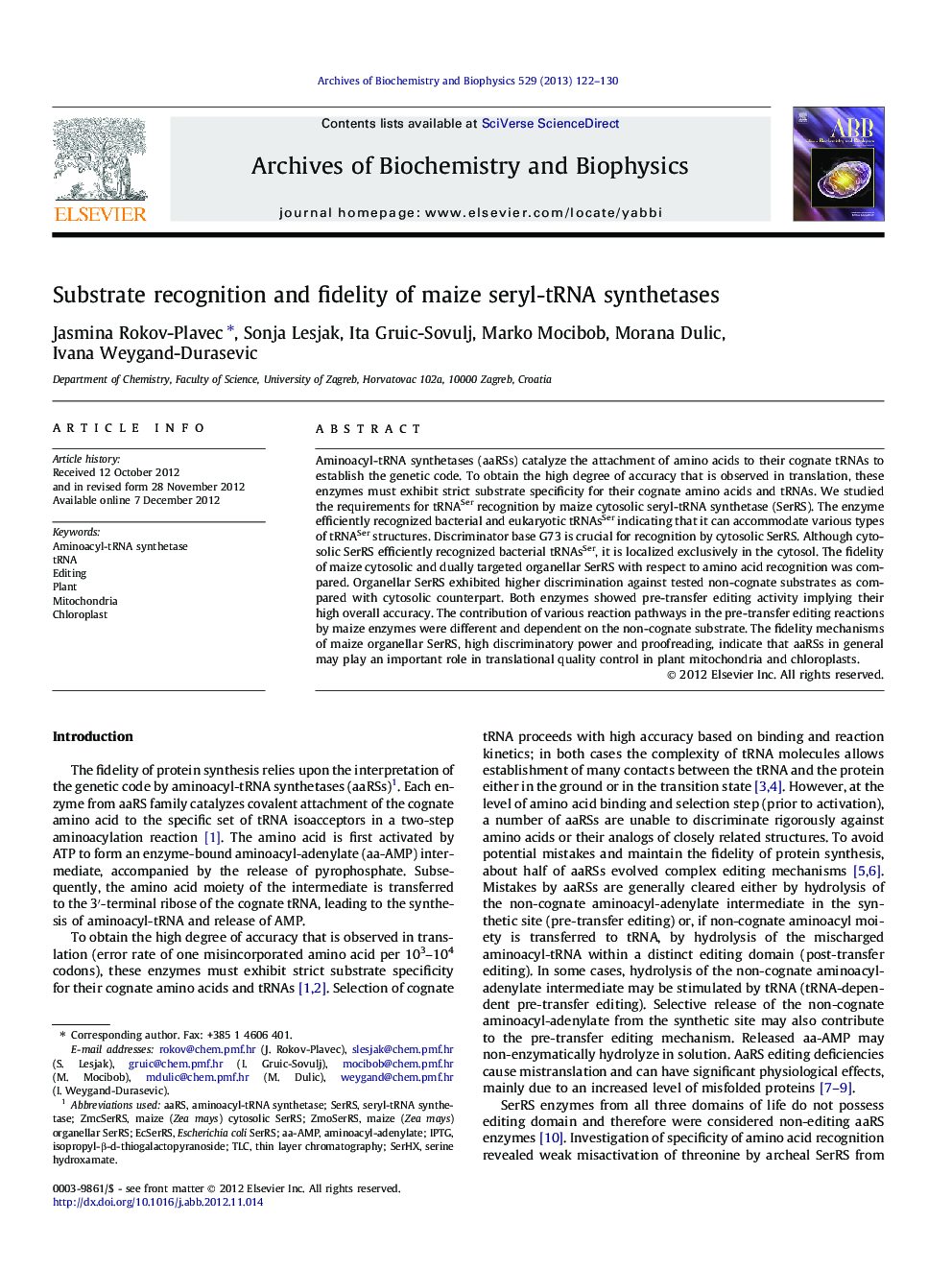 Substrate recognition and fidelity of maize seryl-tRNA synthetases