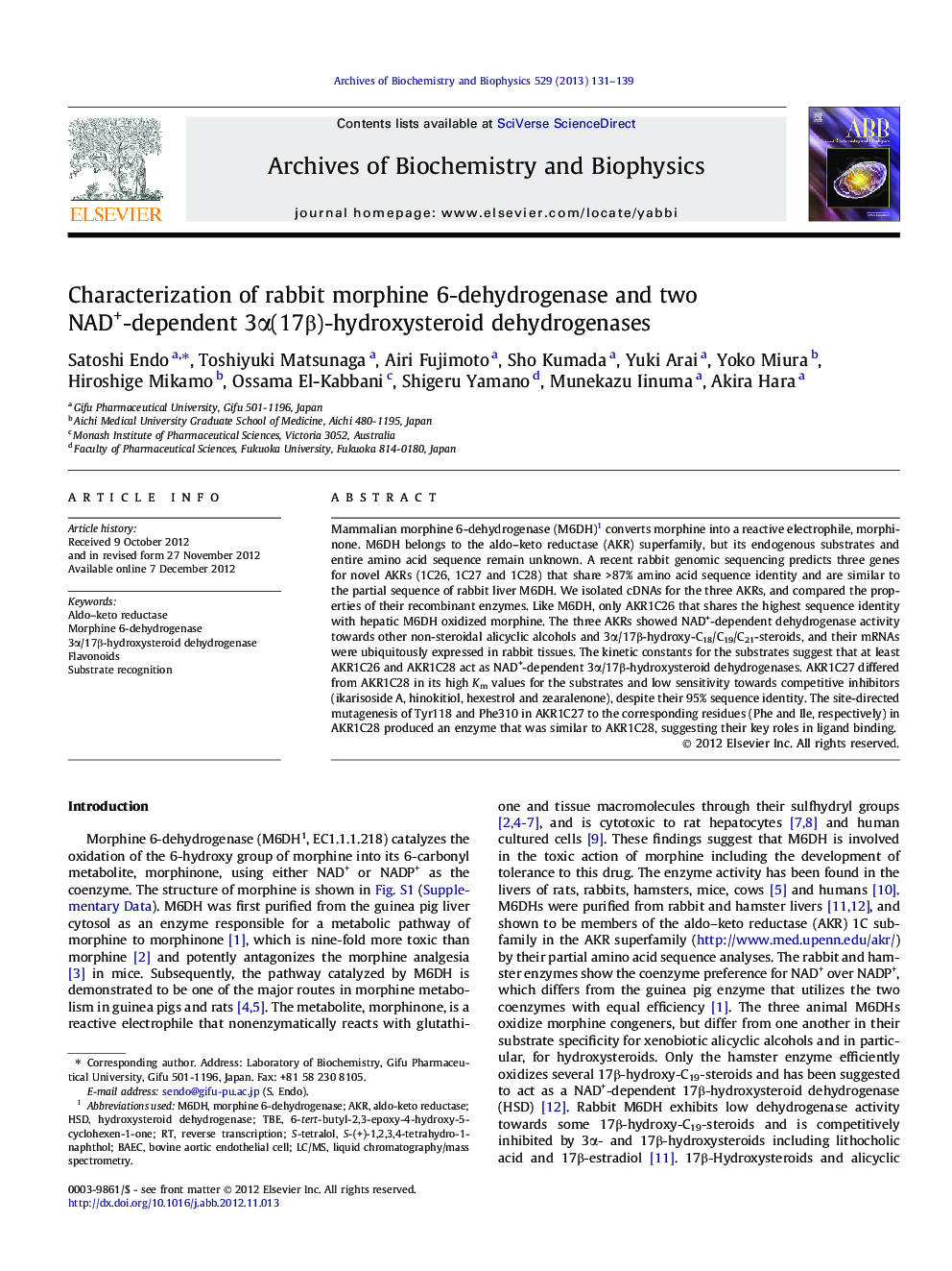 Characterization of rabbit morphine 6-dehydrogenase and two NAD+-dependent 3Î±(17Î²)-hydroxysteroid dehydrogenases