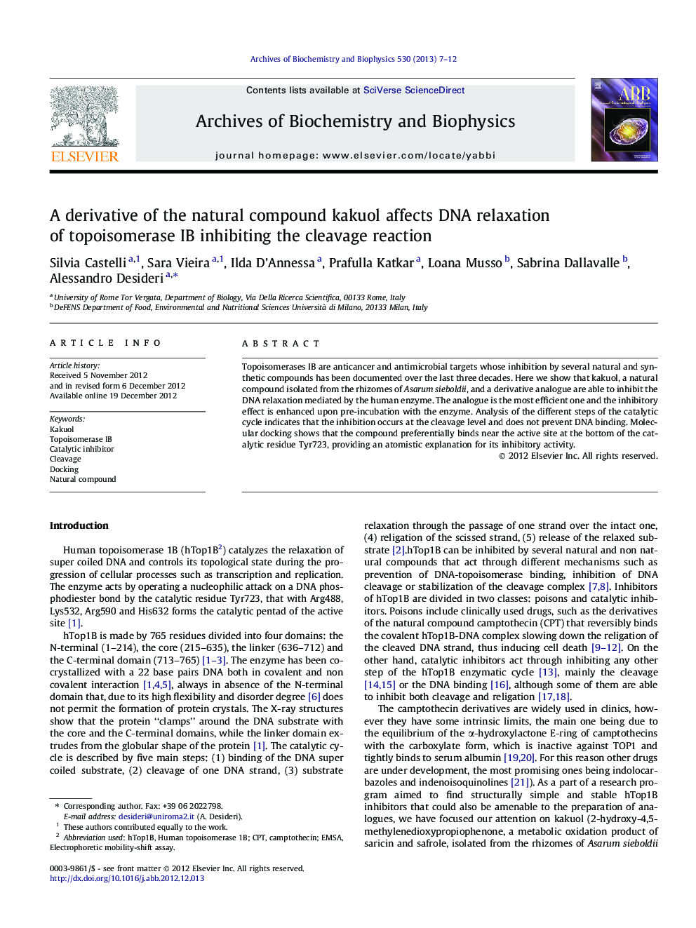 A derivative of the natural compound kakuol affects DNA relaxation of topoisomerase IB inhibiting the cleavage reaction