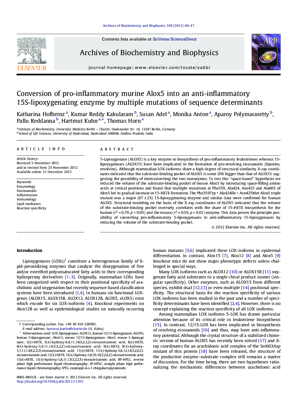 Conversion of pro-inflammatory murine Alox5 into an anti-inflammatory 15S-lipoxygenating enzyme by multiple mutations of sequence determinants