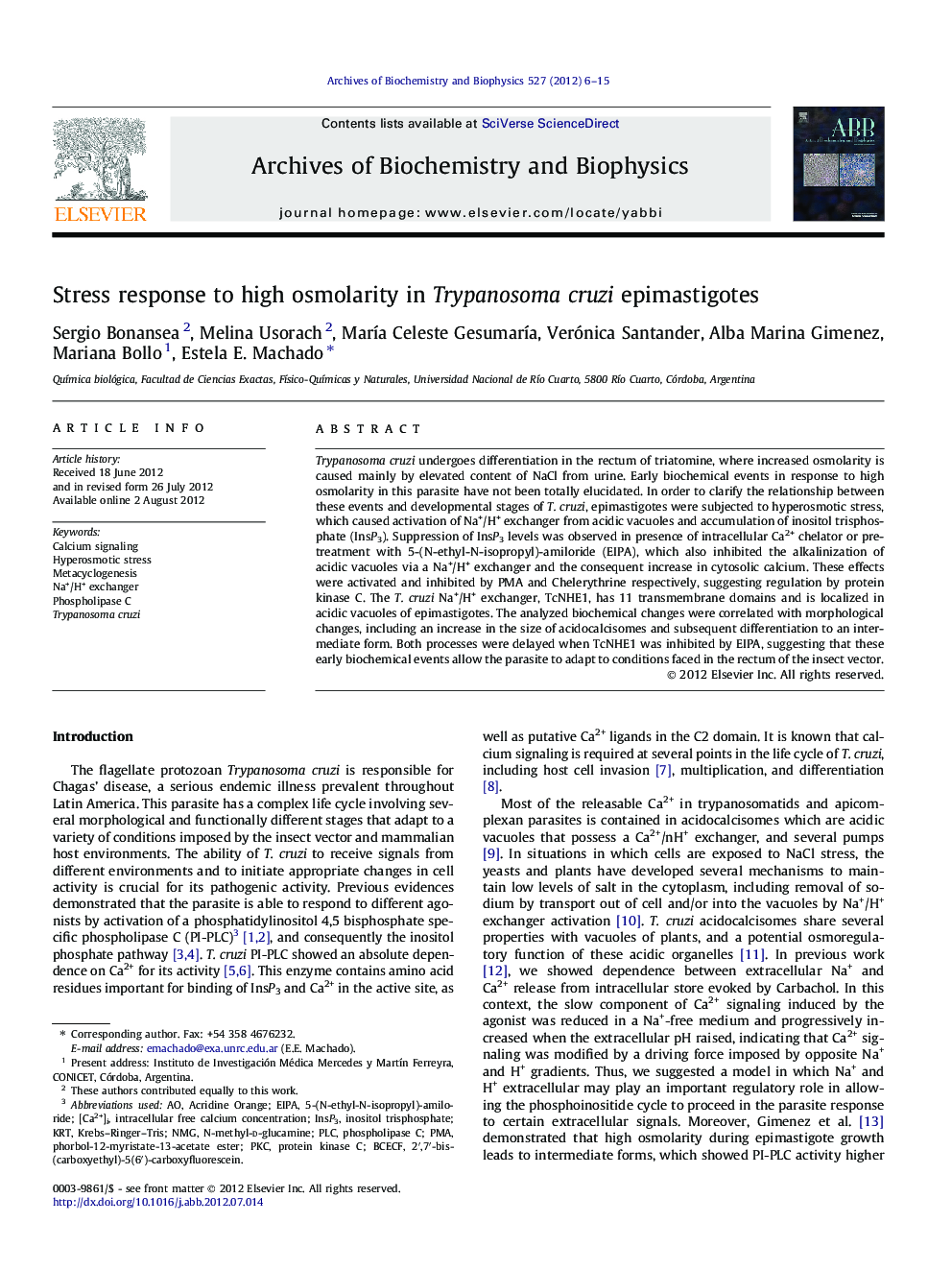 Stress response to high osmolarity in Trypanosoma cruzi epimastigotes