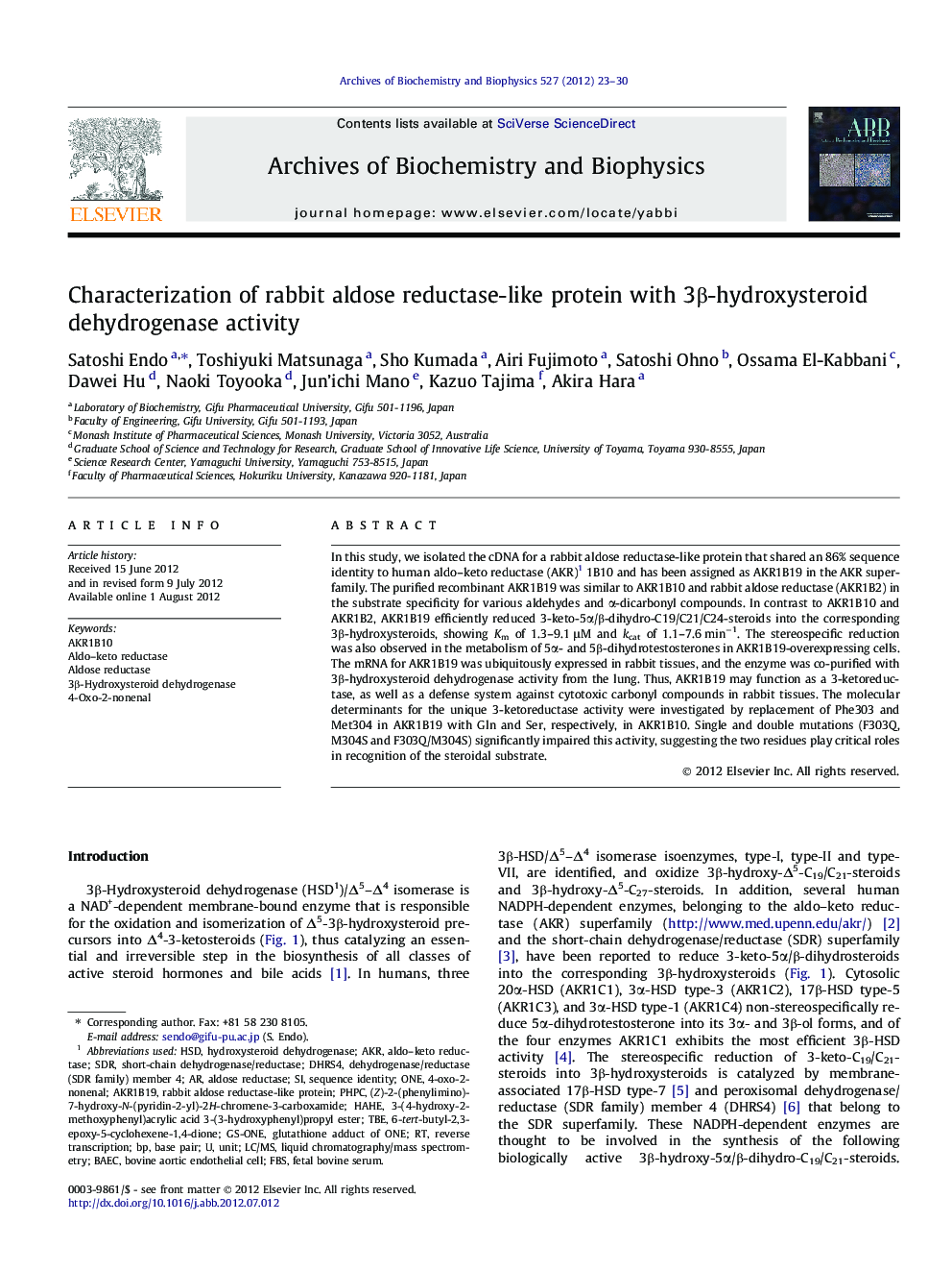 Characterization of rabbit aldose reductase-like protein with 3β-hydroxysteroid dehydrogenase activity