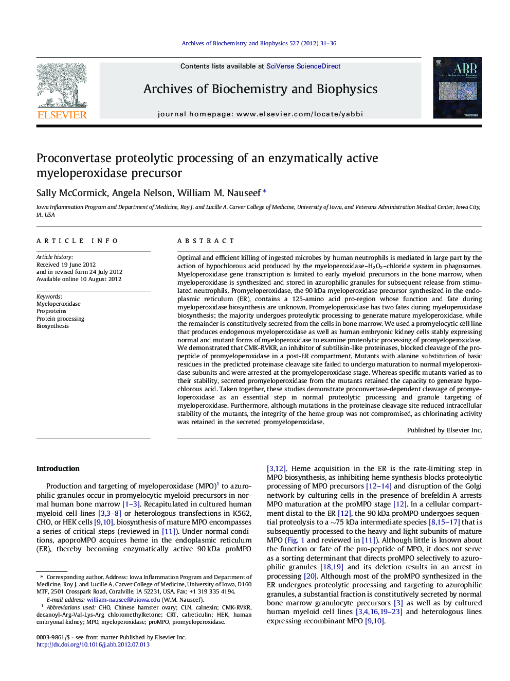 Proconvertase proteolytic processing of an enzymatically active myeloperoxidase precursor