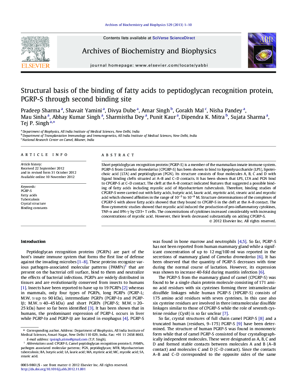 Structural basis of the binding of fatty acids to peptidoglycan recognition protein, PGRP-S through second binding site