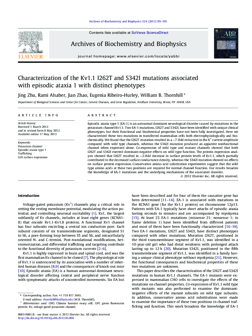 Characterization of the Kv1.1 I262T and S342I mutations associated with episodic ataxia 1 with distinct phenotypes