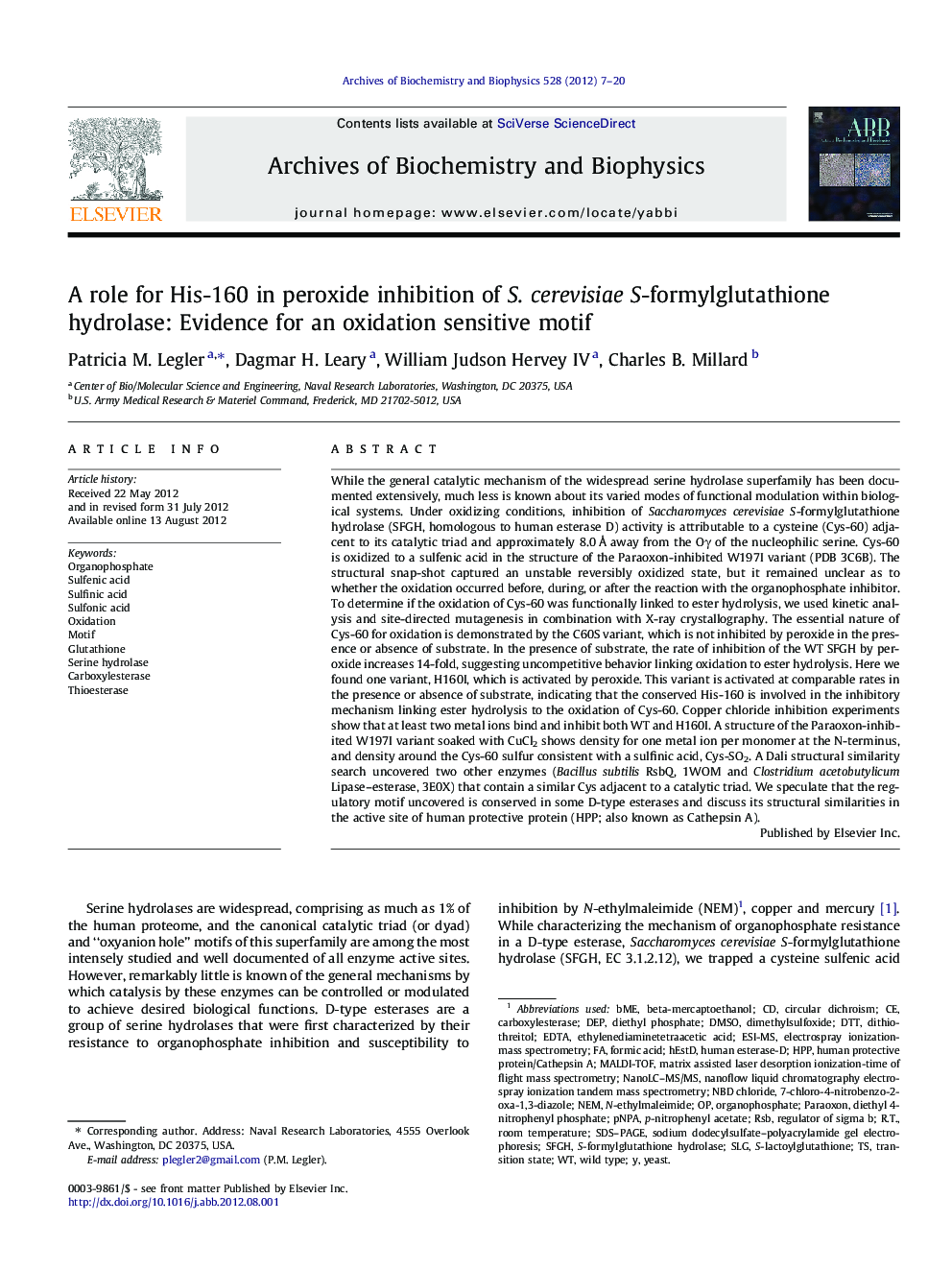 A role for His-160 in peroxide inhibition of S. cerevisiae S-formylglutathione hydrolase: Evidence for an oxidation sensitive motif