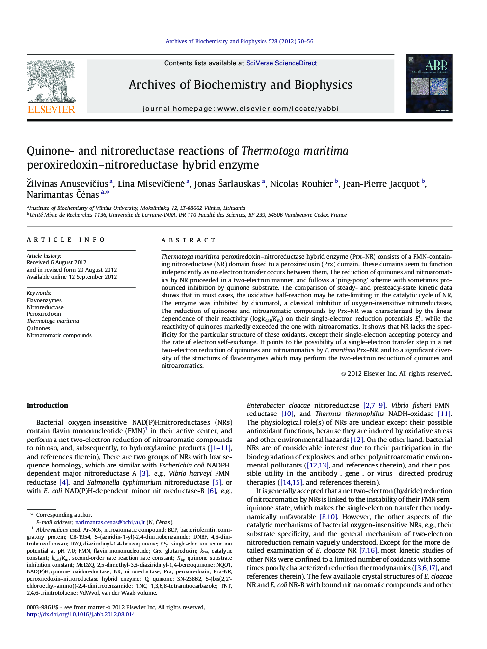 Quinone- and nitroreductase reactions of Thermotoga maritima peroxiredoxin–nitroreductase hybrid enzyme