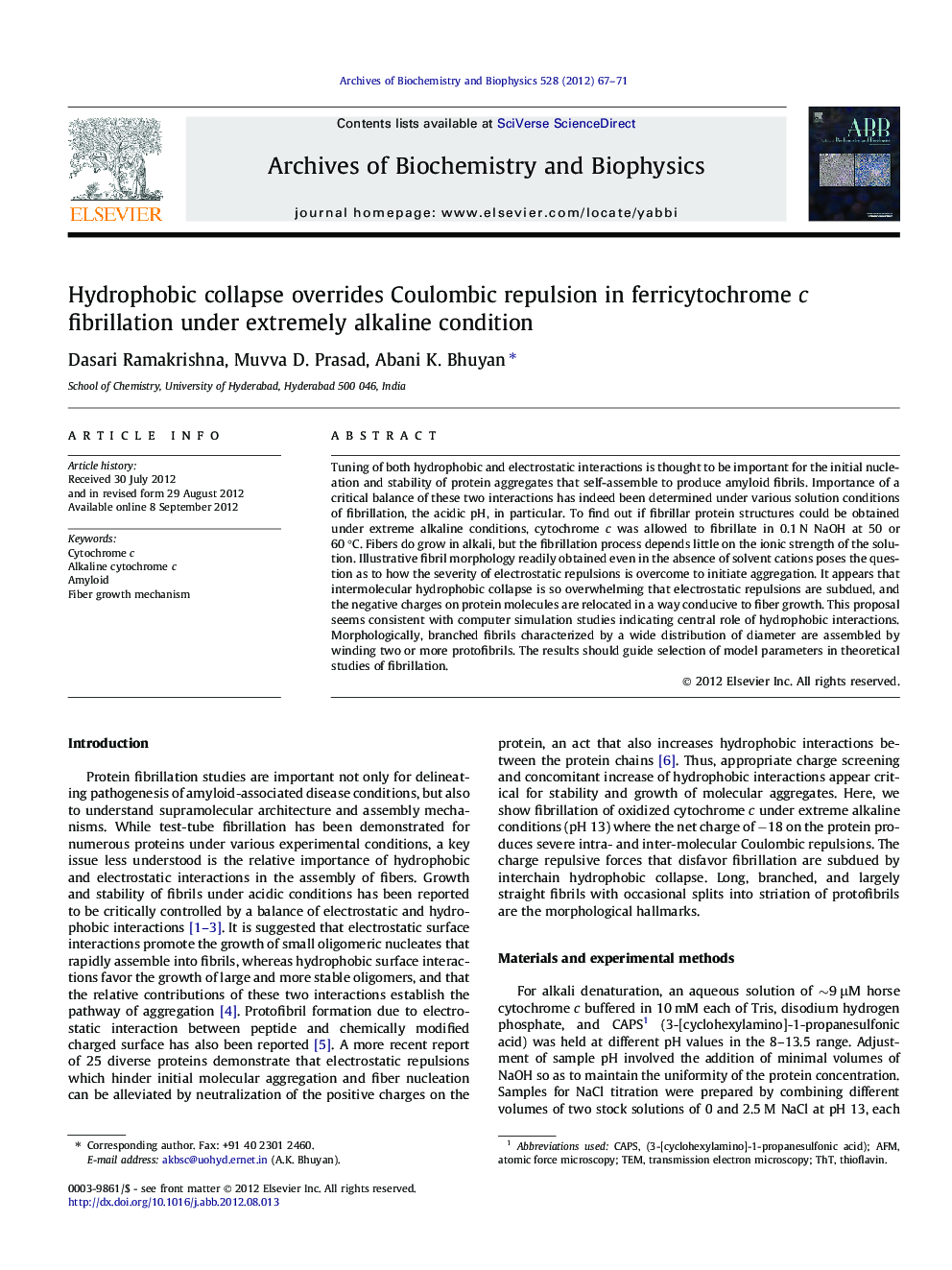 Hydrophobic collapse overrides Coulombic repulsion in ferricytochrome c fibrillation under extremely alkaline condition