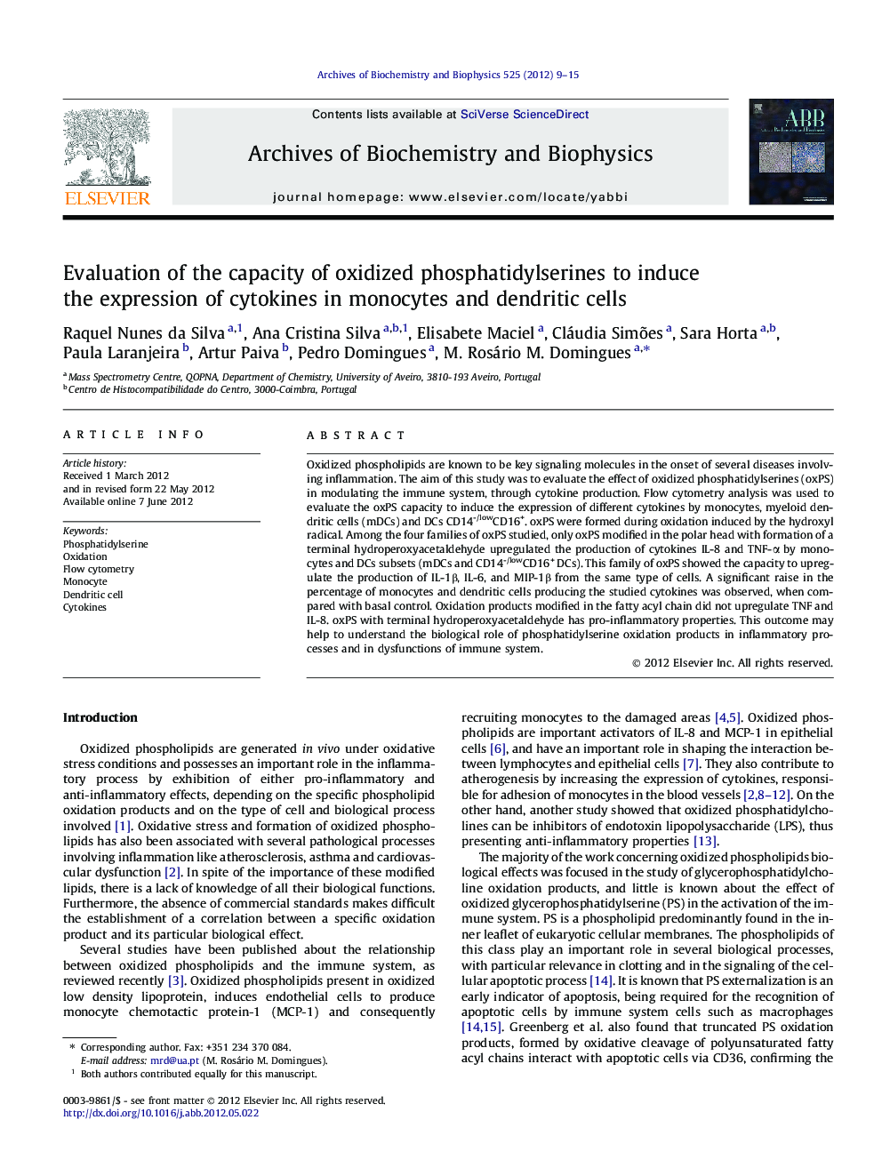 Evaluation of the capacity of oxidized phosphatidylserines to induce the expression of cytokines in monocytes and dendritic cells