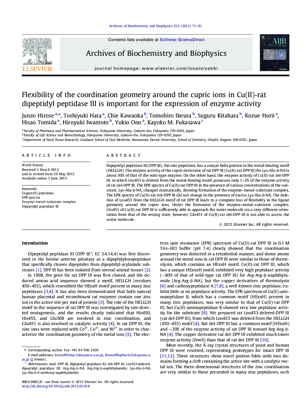 Flexibility of the coordination geometry around the cupric ions in Cu(II)-rat dipeptidyl peptidase III is important for the expression of enzyme activity