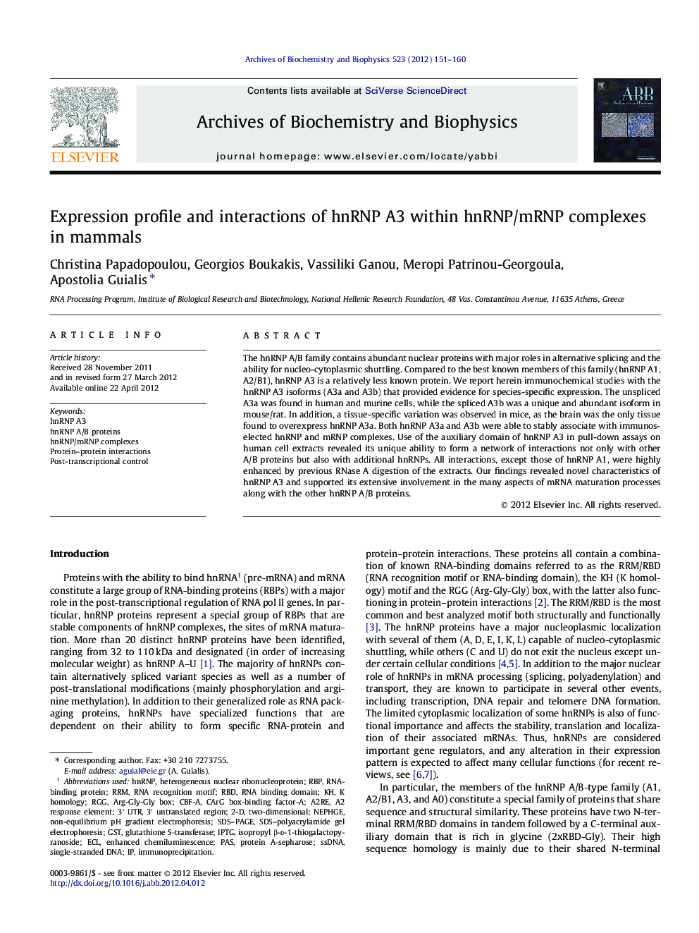 Expression profile and interactions of hnRNP A3 within hnRNP/mRNP complexes in mammals