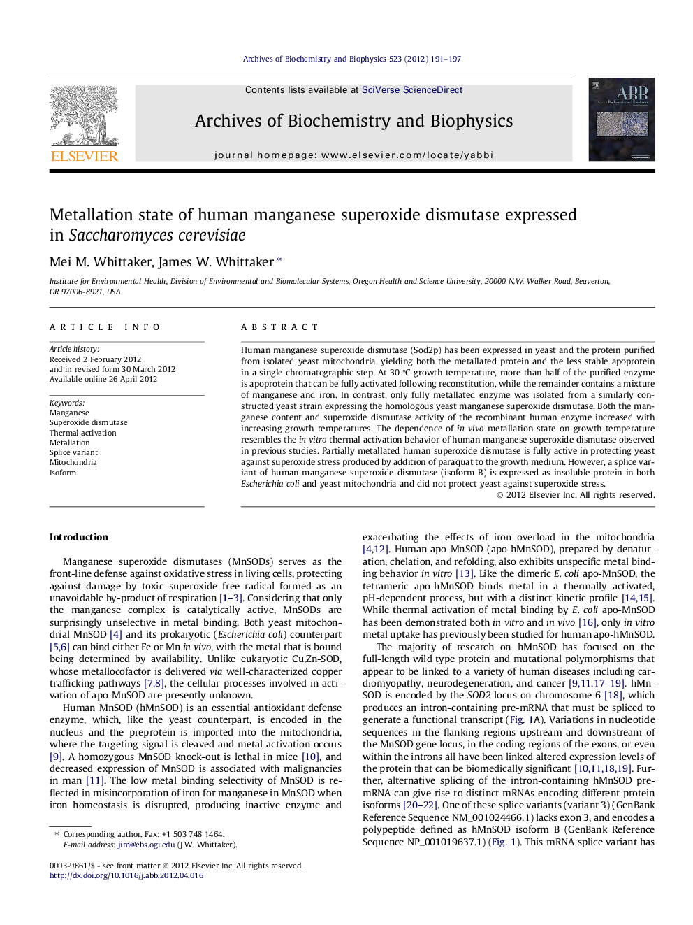 Metallation state of human manganese superoxide dismutase expressed in Saccharomyces cerevisiae