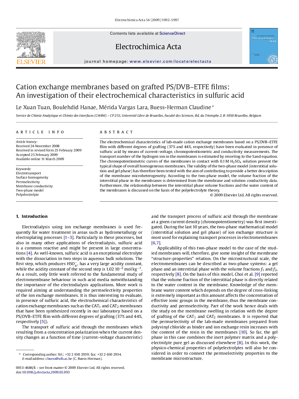 Cation exchange membranes based on grafted PS/DVB–ETFE films: An investigation of their electrochemical characteristics in sulfuric acid