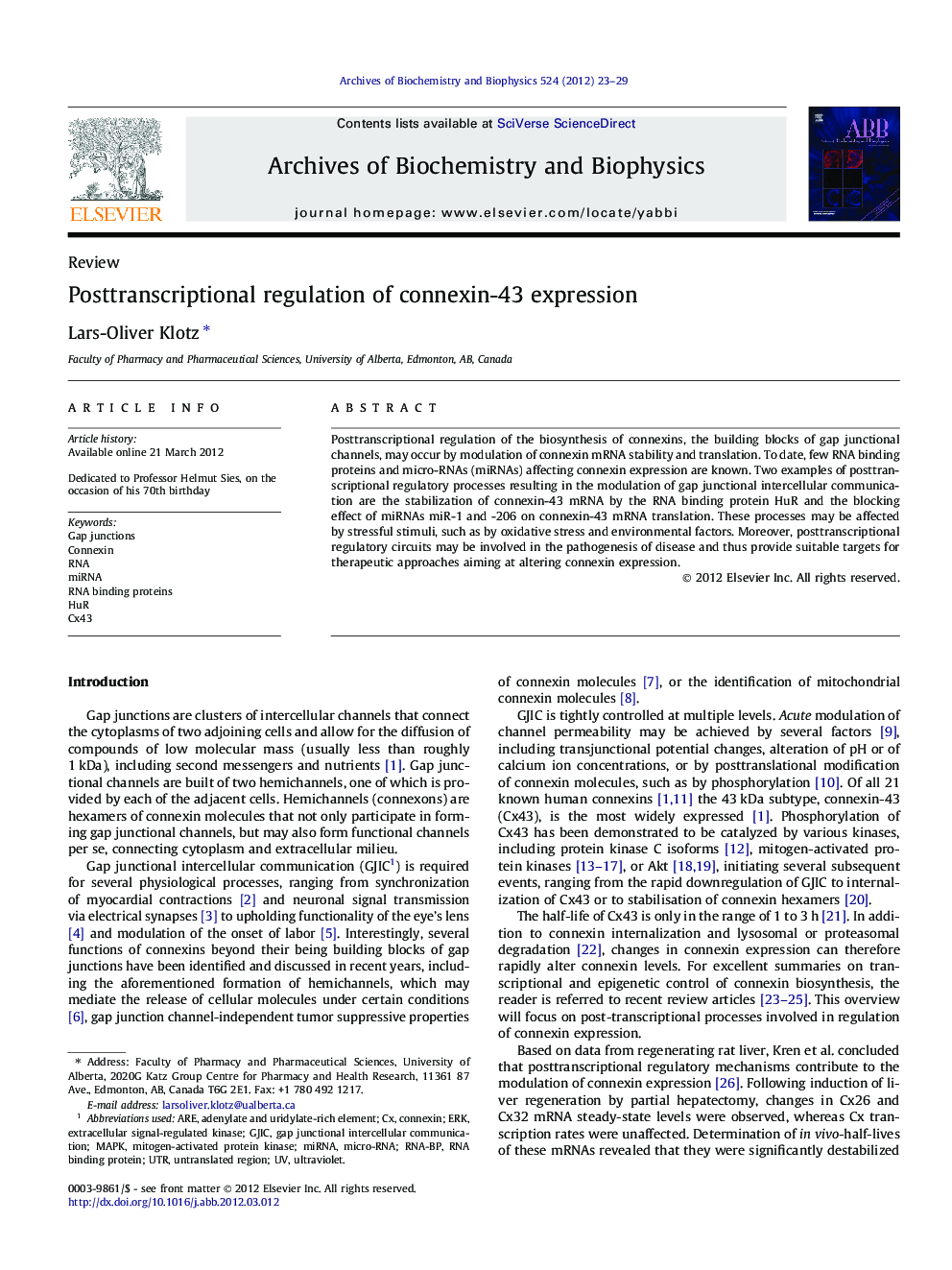 Posttranscriptional regulation of connexin-43 expression