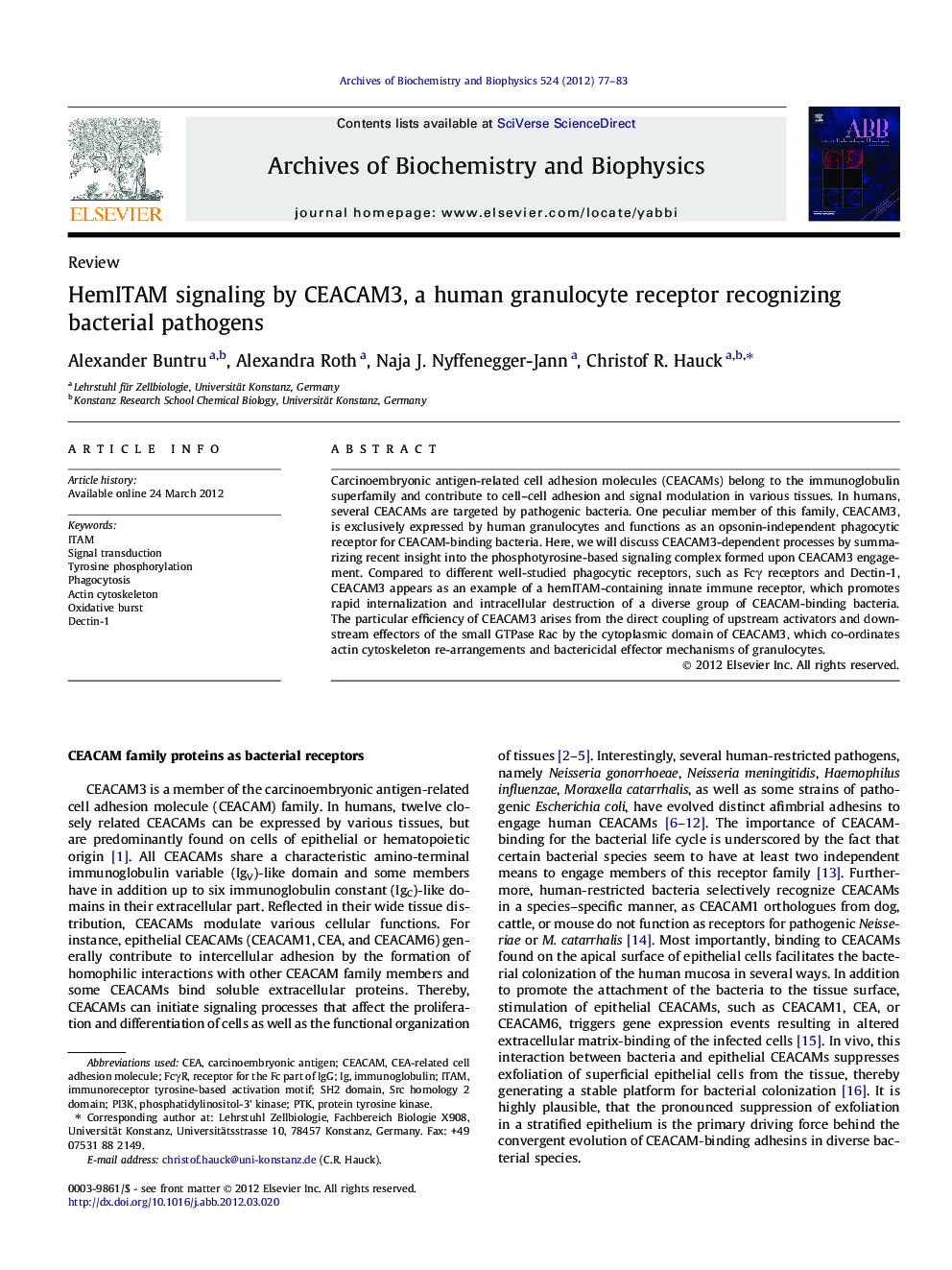 HemITAM signaling by CEACAM3, a human granulocyte receptor recognizing bacterial pathogens