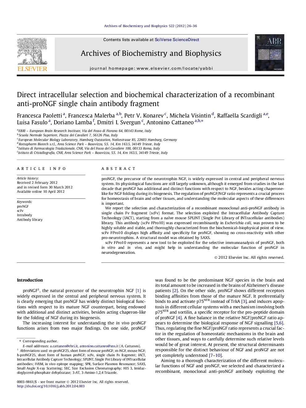 Direct intracellular selection and biochemical characterization of a recombinant anti-proNGF single chain antibody fragment