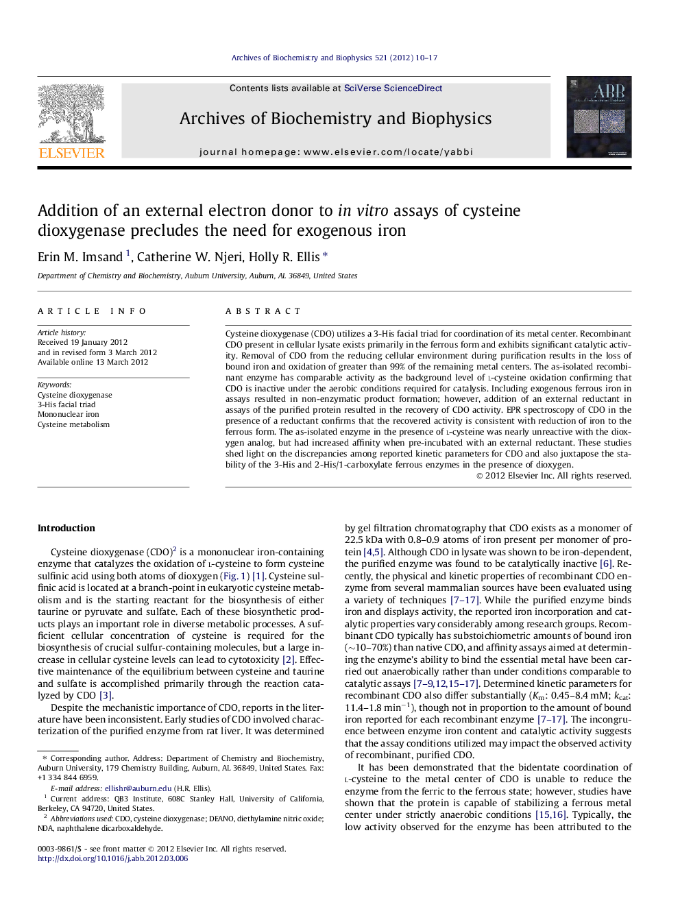 Addition of an external electron donor to in vitro assays of cysteine dioxygenase precludes the need for exogenous iron