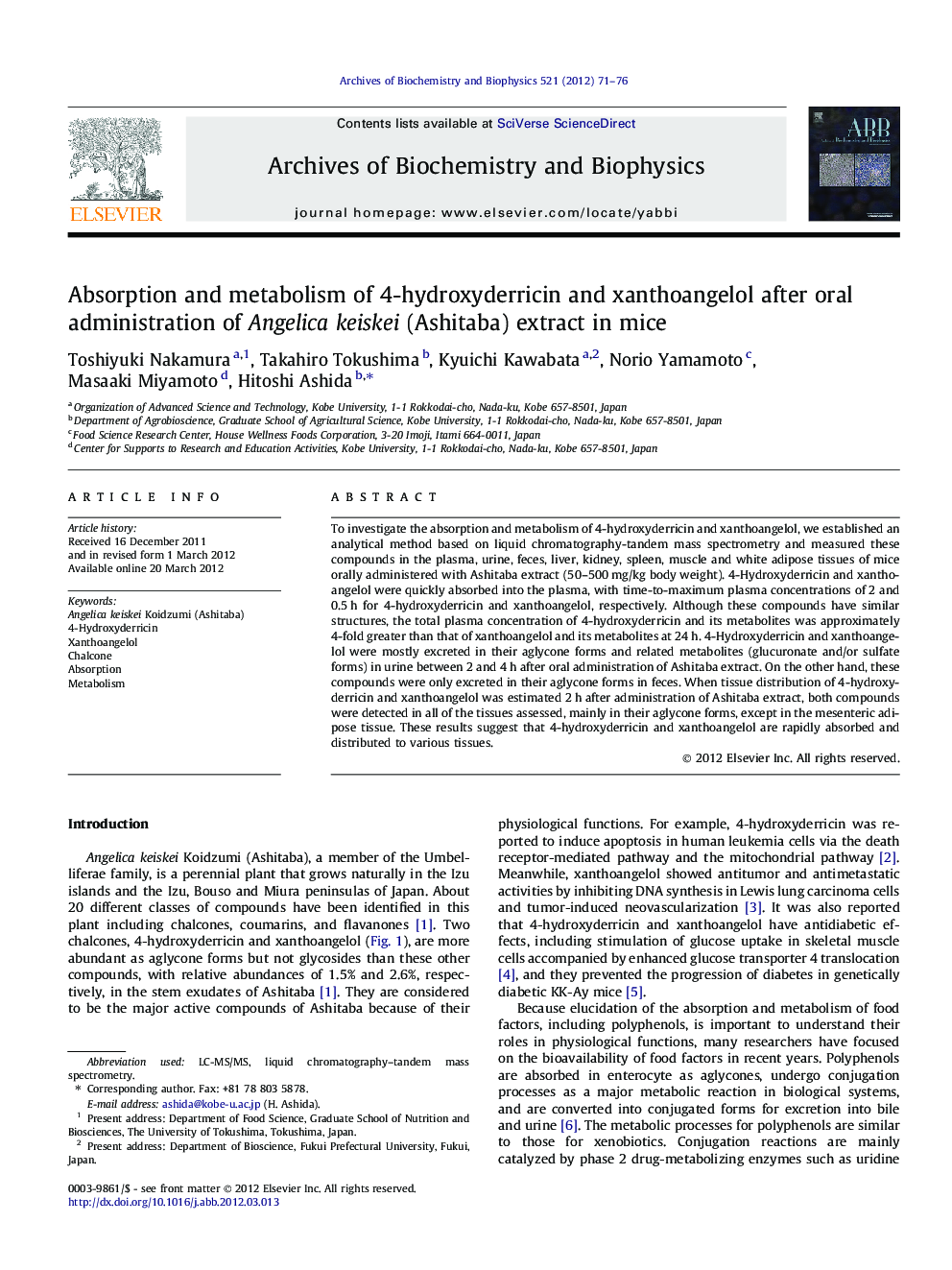 Absorption and metabolism of 4-hydroxyderricin and xanthoangelol after oral administration of Angelica keiskei (Ashitaba) extract in mice