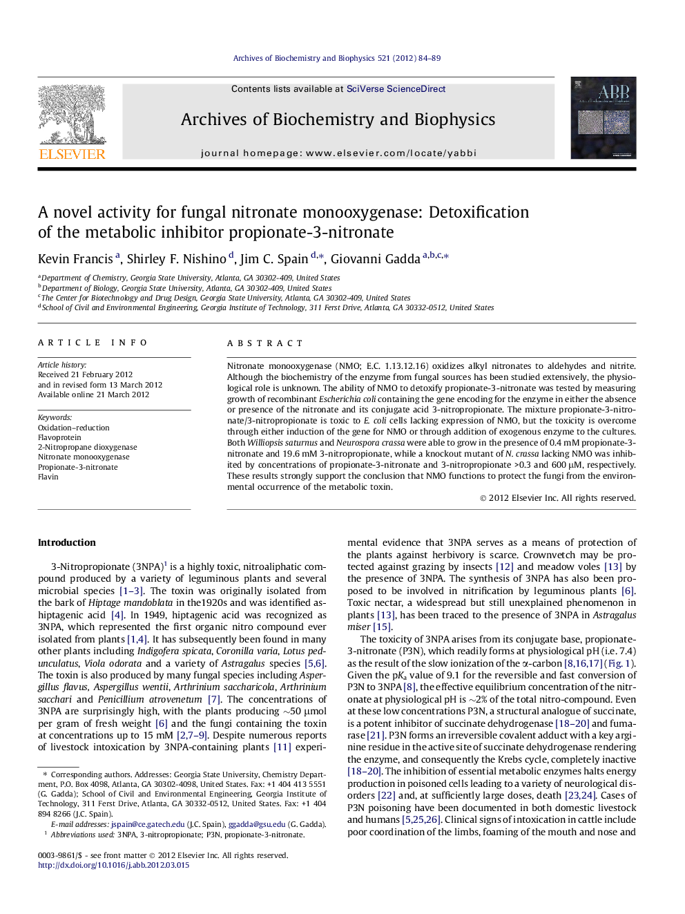 A novel activity for fungal nitronate monooxygenase: Detoxification of the metabolic inhibitor propionate-3-nitronate