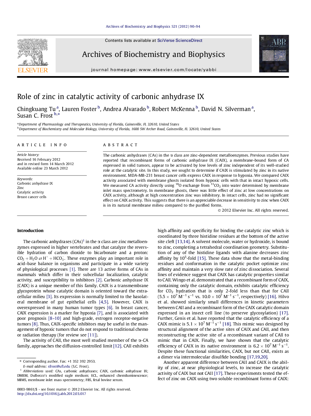 Role of zinc in catalytic activity of carbonic anhydrase IX