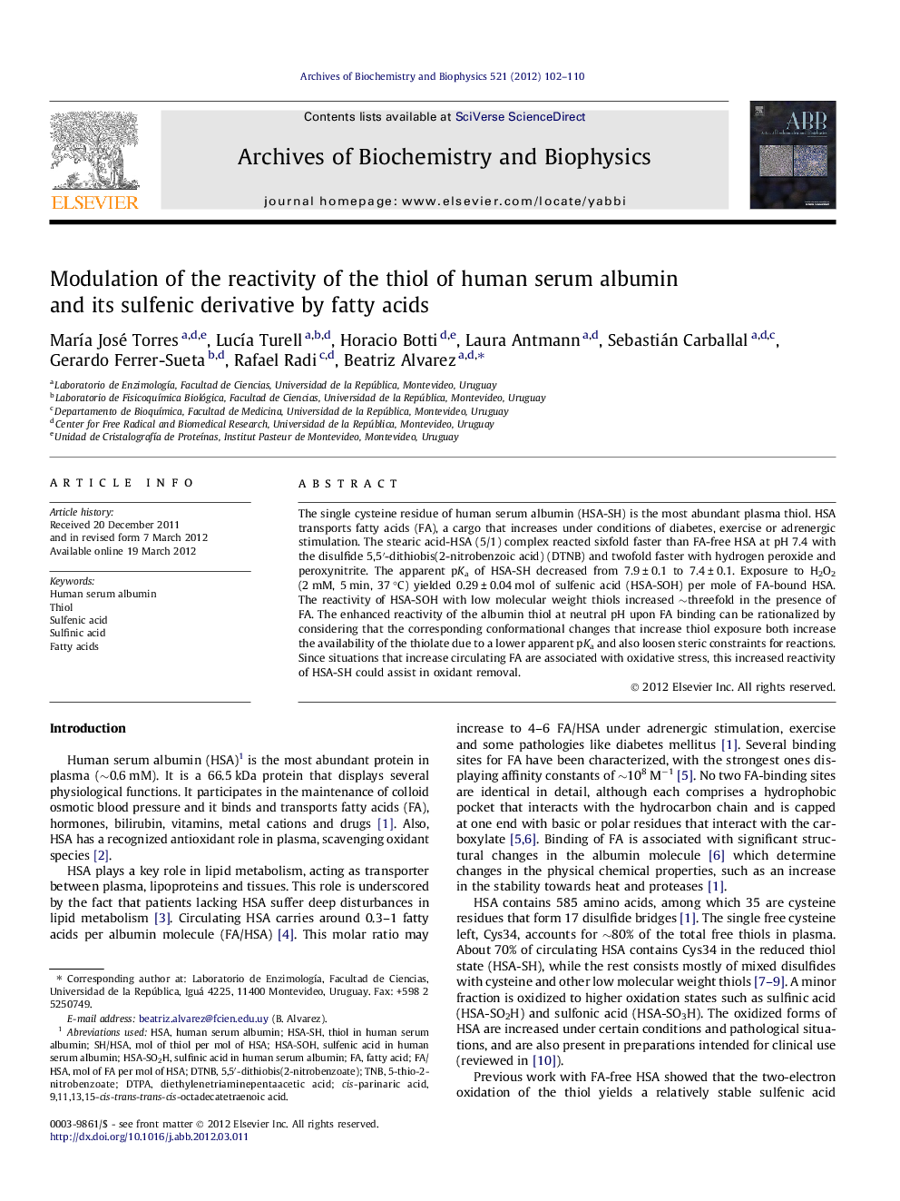 Modulation of the reactivity of the thiol of human serum albumin and its sulfenic derivative by fatty acids