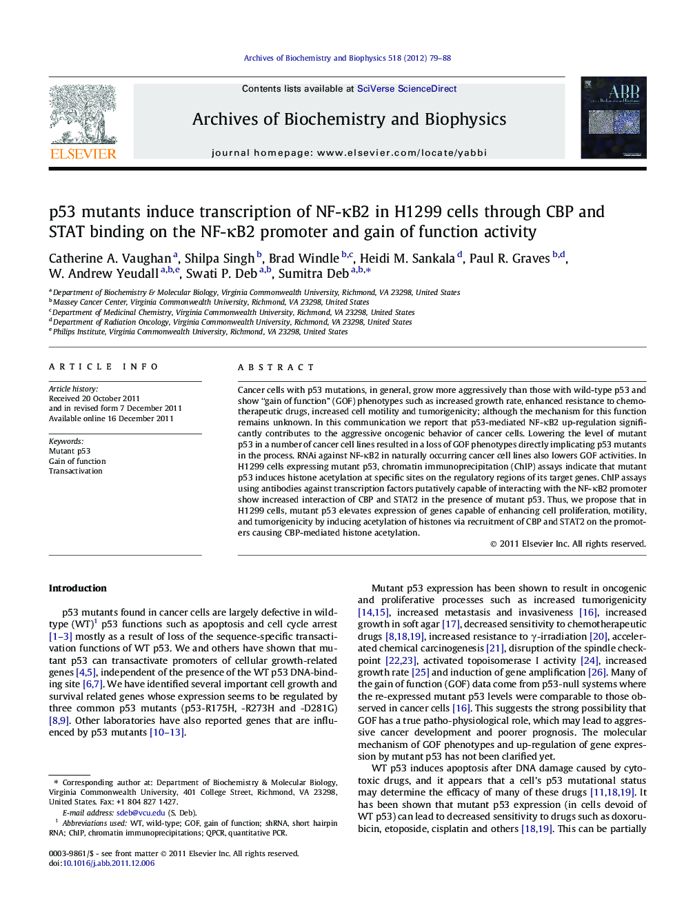 p53 mutants induce transcription of NF-κB2 in H1299 cells through CBP and STAT binding on the NF-κB2 promoter and gain of function activity