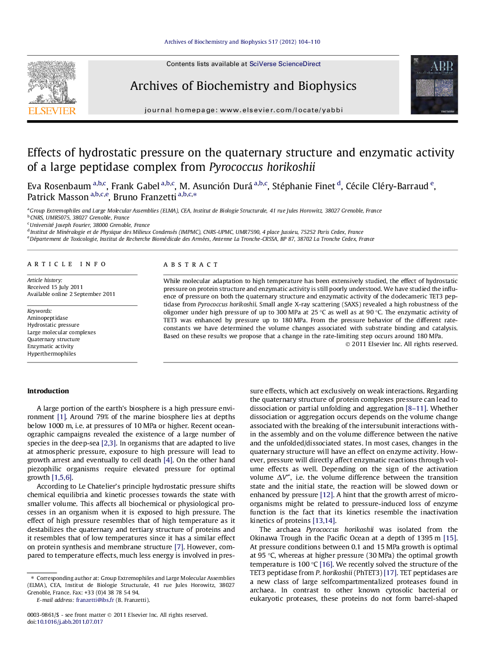 Effects of hydrostatic pressure on the quaternary structure and enzymatic activity of a large peptidase complex from Pyrococcus horikoshii