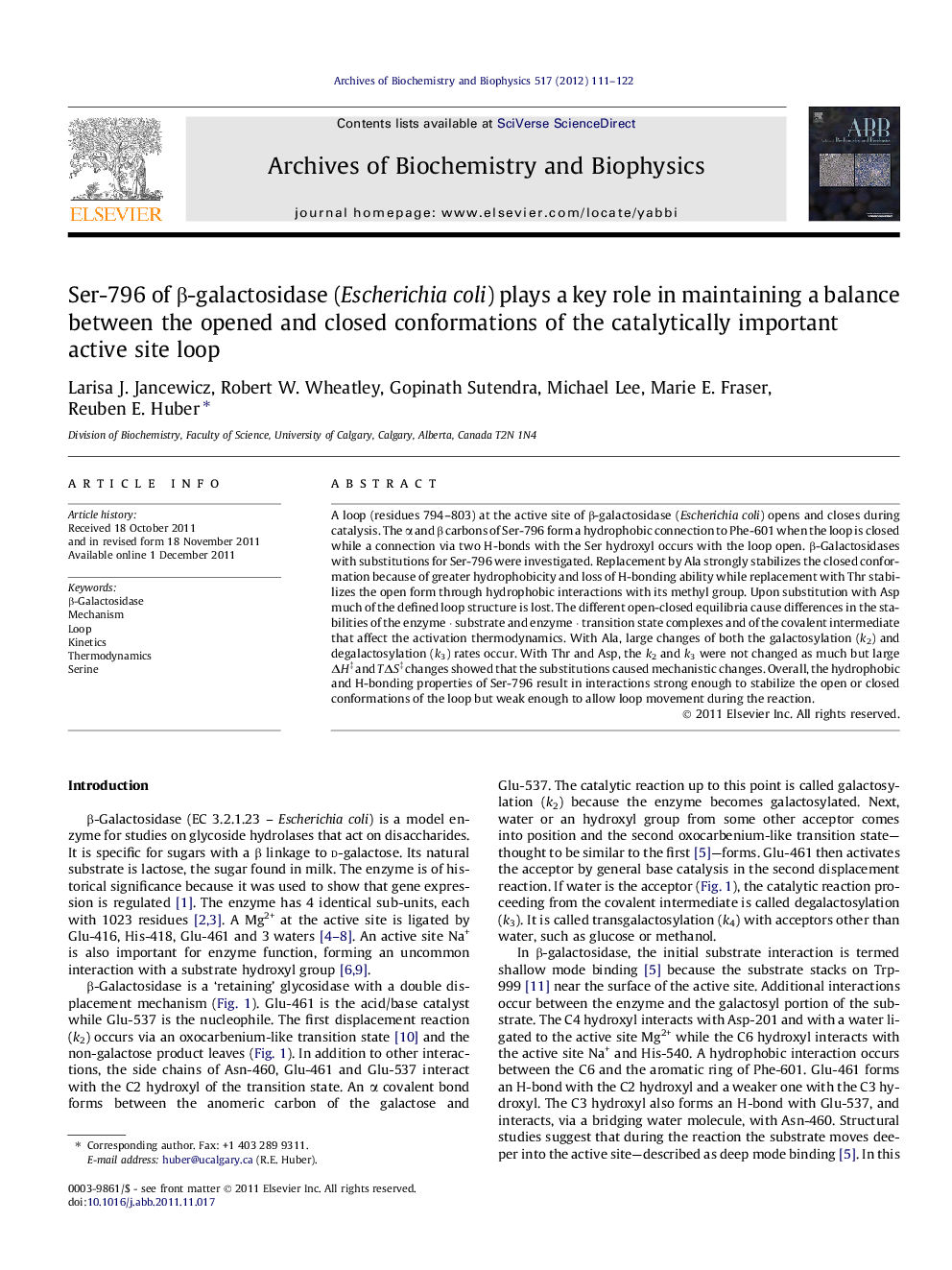 Ser-796 of β-galactosidase (Escherichia coli) plays a key role in maintaining a balance between the opened and closed conformations of the catalytically important active site loop