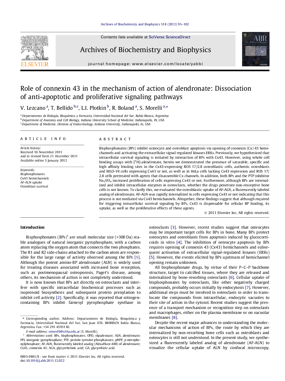 Role of connexin 43 in the mechanism of action of alendronate: Dissociation of anti-apoptotic and proliferative signaling pathways