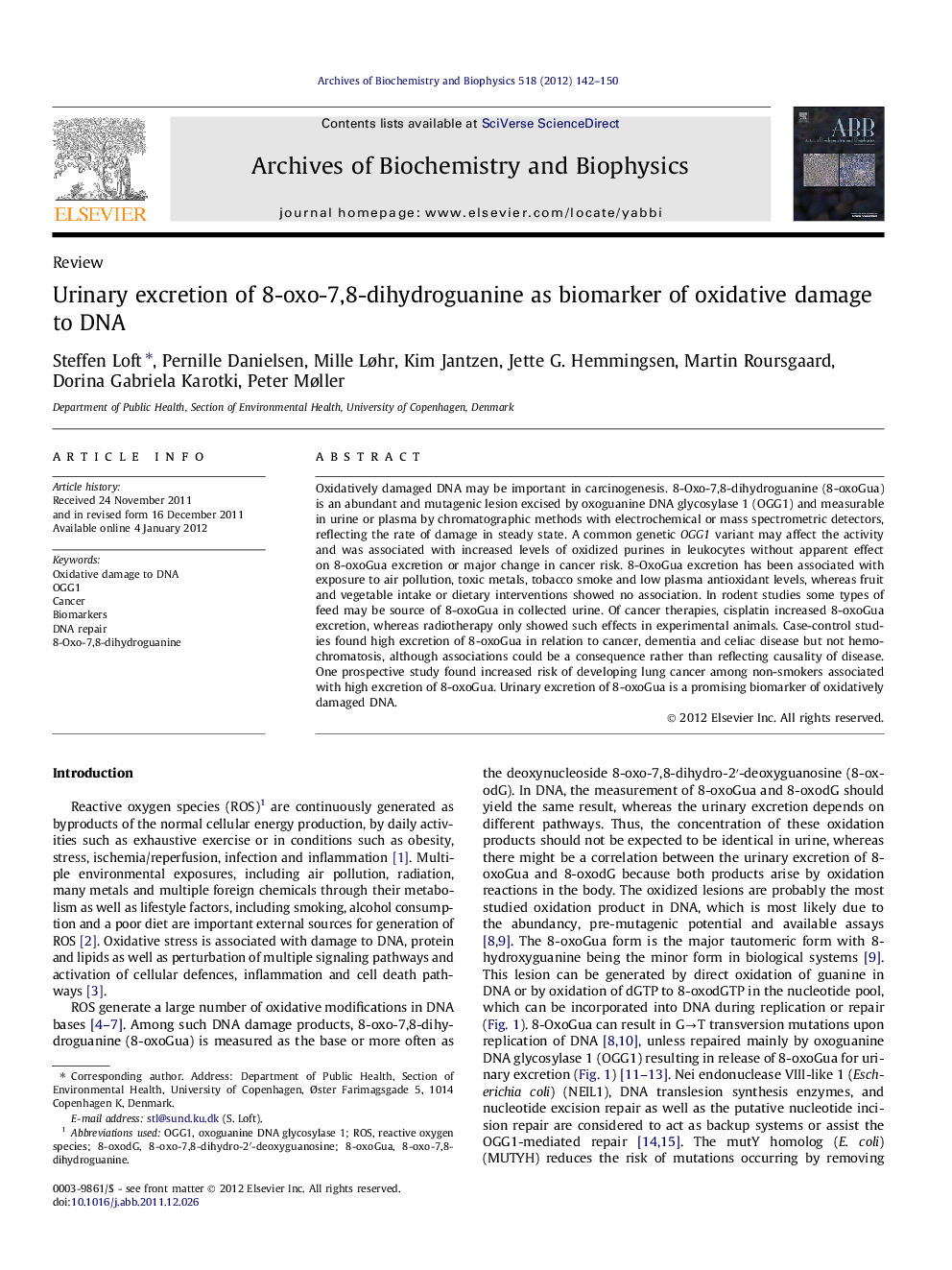 Urinary excretion of 8-oxo-7,8-dihydroguanine as biomarker of oxidative damage to DNA