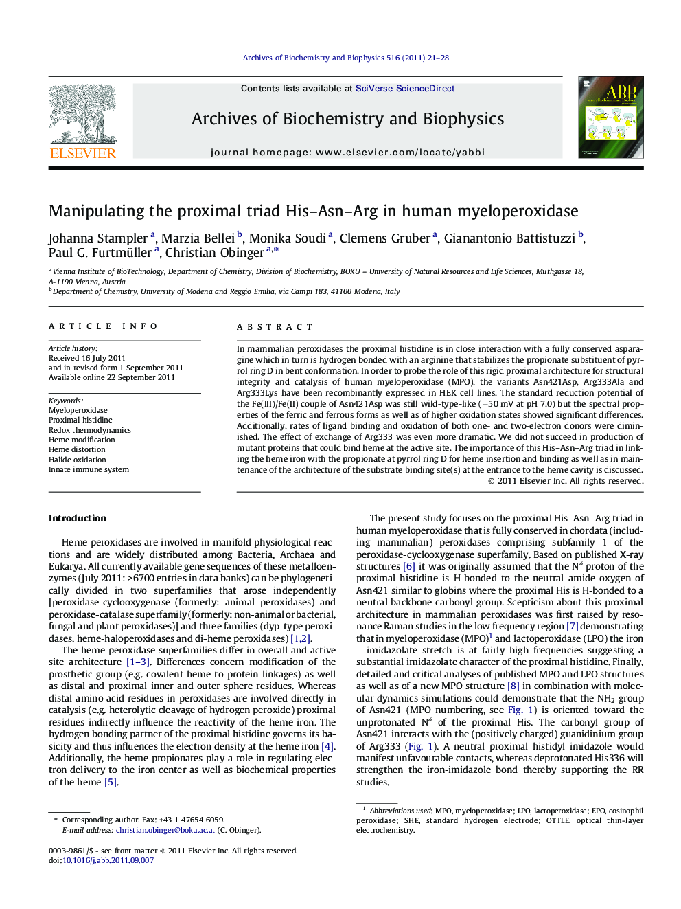 Manipulating the proximal triad His–Asn–Arg in human myeloperoxidase