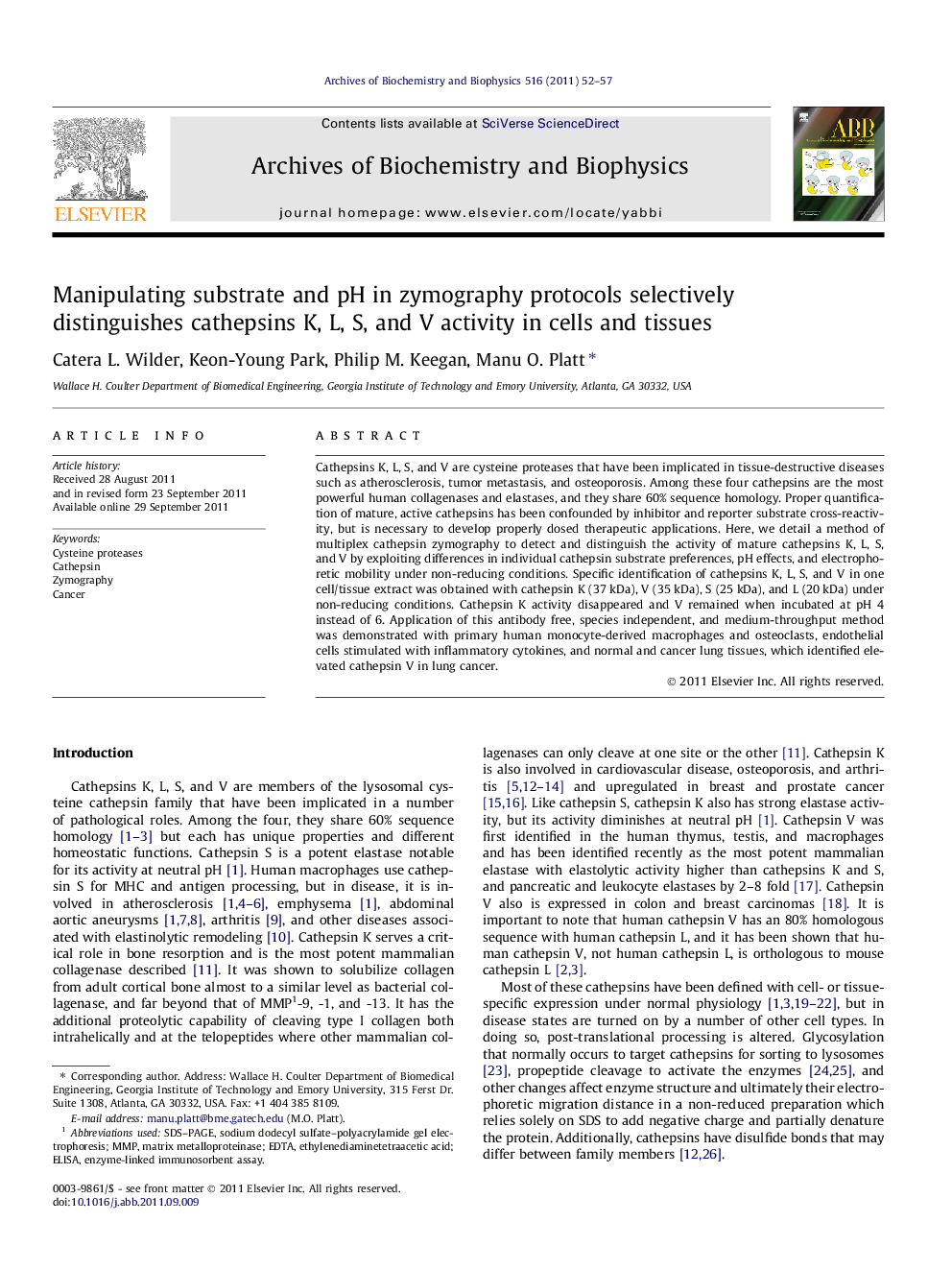 عکس صفحه اول مقاله: Manipulating substrate and pH in zymography protocols selectively distinguishes cathepsins K, L, S, and V activity in cells and tissues Manipulating substrate and pH in zymography protocols selectively distinguishes cathepsins K, L, S, and V activity in cells and tissues