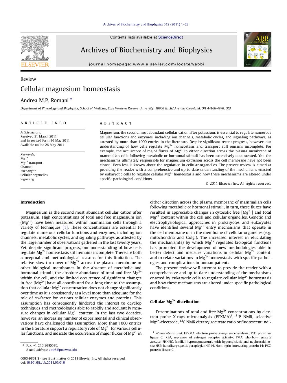 Cellular magnesium homeostasis