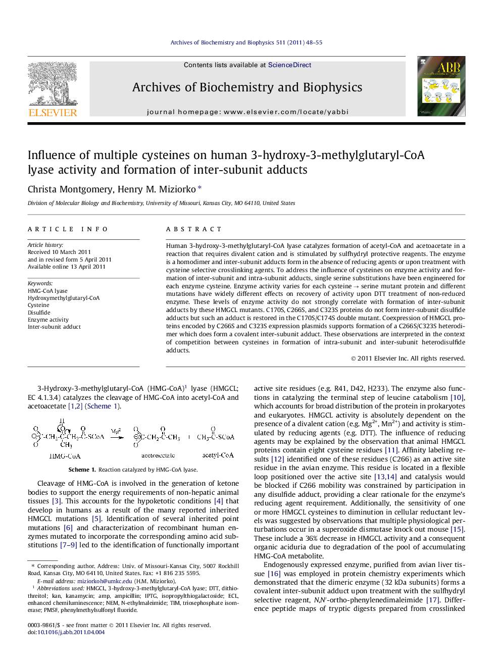 Influence of multiple cysteines on human 3-hydroxy-3-methylglutaryl-CoA lyase activity and formation of inter-subunit adducts