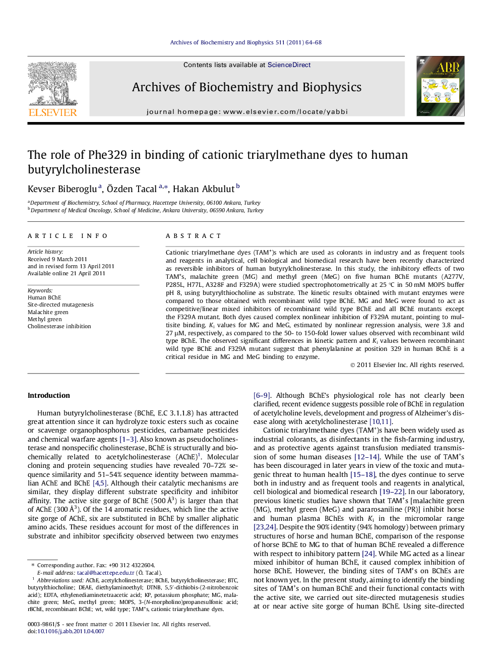 The role of Phe329 in binding of cationic triarylmethane dyes to human butyrylcholinesterase