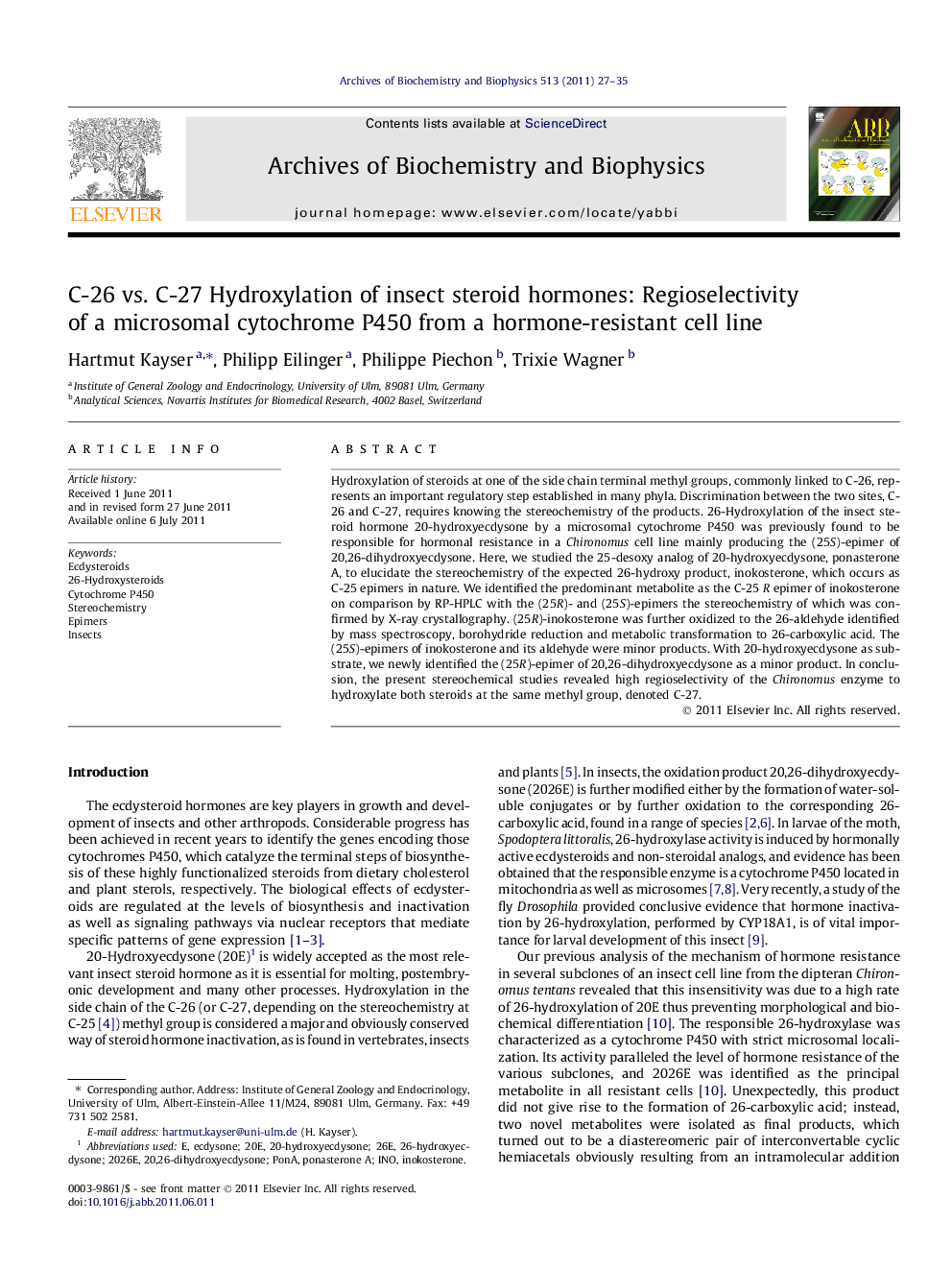 C-26 vs. C-27 Hydroxylation of insect steroid hormones: Regioselectivity of a microsomal cytochrome P450 from a hormone-resistant cell line