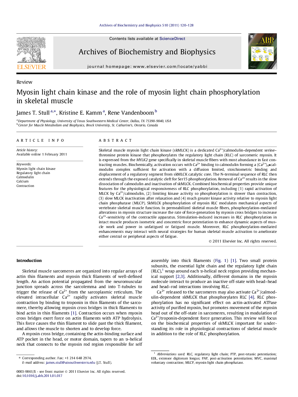 Myosin light chain kinase and the role of myosin light chain phosphorylation in skeletal muscle